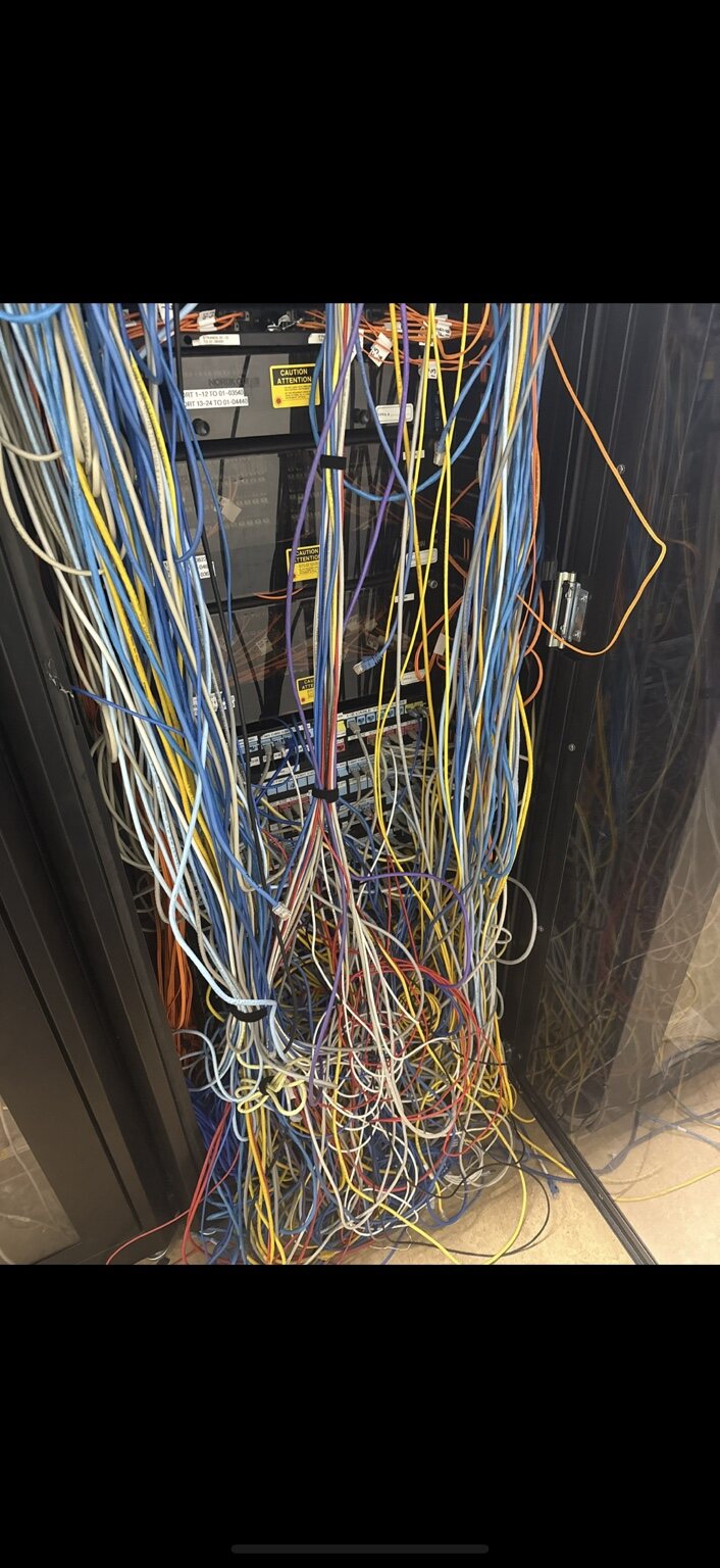 Computer cable management before organization