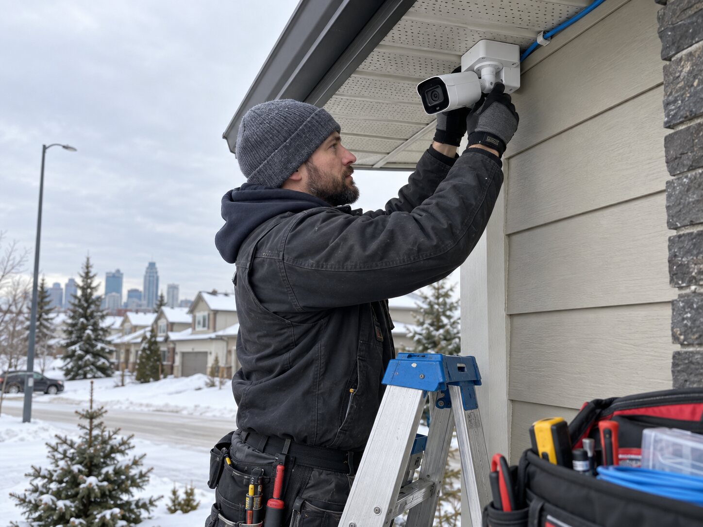 Technician installing an outdoor security camera in Edmonton