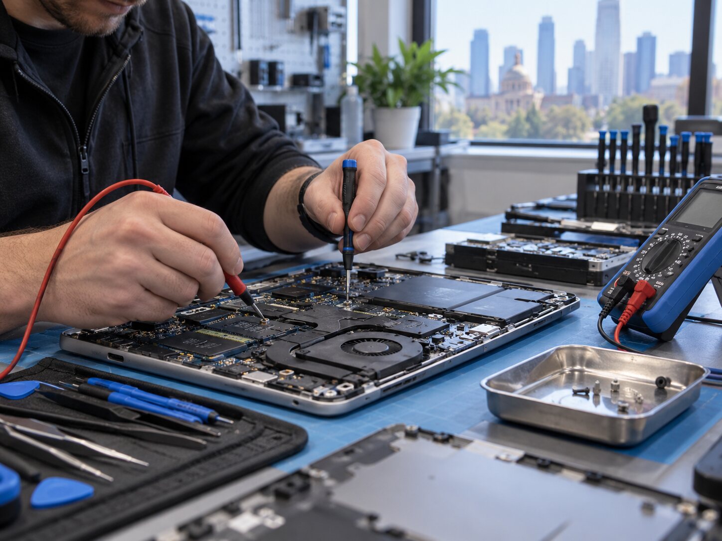Technician diagnosing laptop electronics in Edmonton