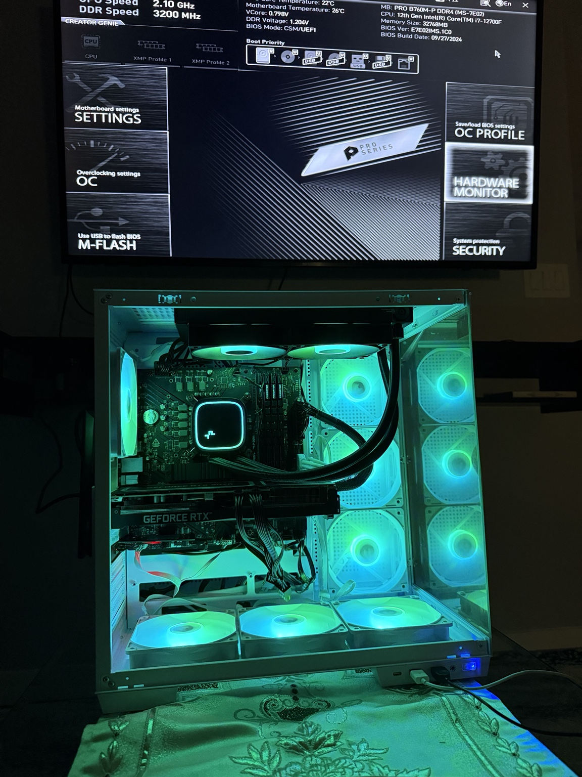 Cyan-lit GeForce RTX custom gaming PC build