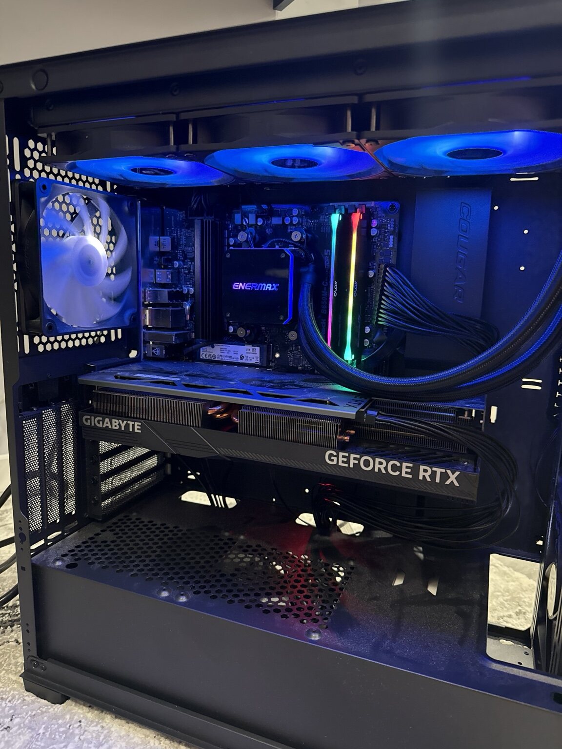 Blue-lit GeForce RTX custom gaming PC build