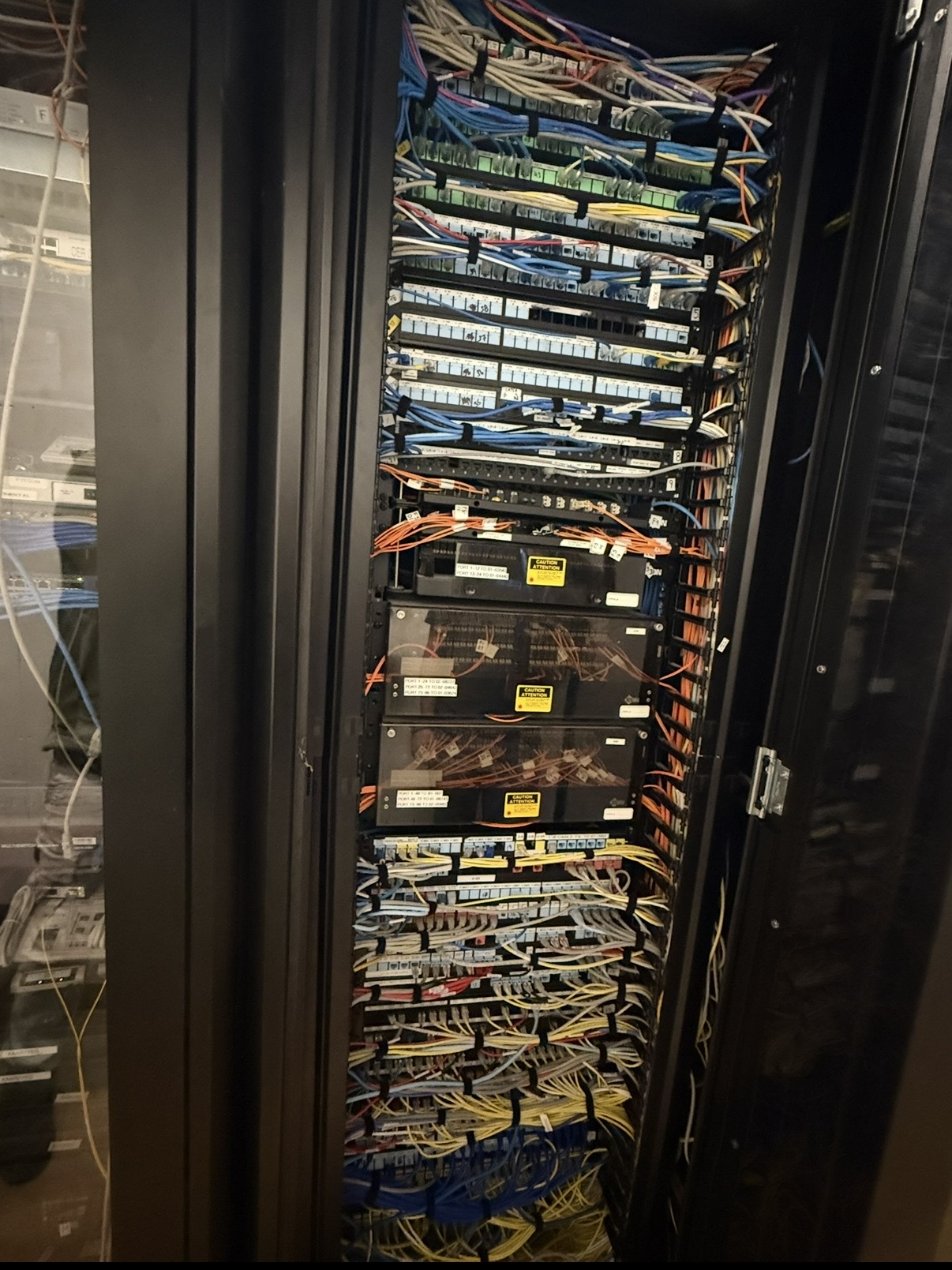The same network cabinet after cables were routed and secured