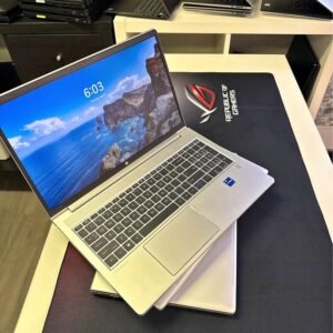 Silver HP ProBook 450 G10 laptop open showing the Windows 11 lock screen